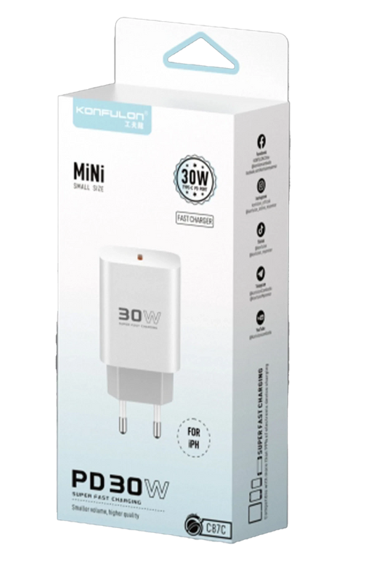 Konfulon C87C 30W Type-C Çıkışlı Ekstra DL51 1M Type-C to Type-C Kablolu PD Şarj Cihazı - Beyaz