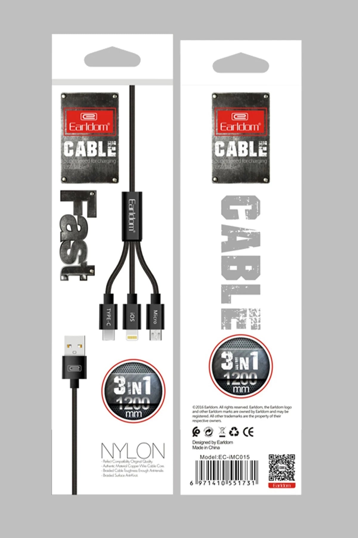 Earldom EC-IMC015 1.2M 3in1 USB to Type-C / Lightning / Micro Hızlı Şarj Kablosu