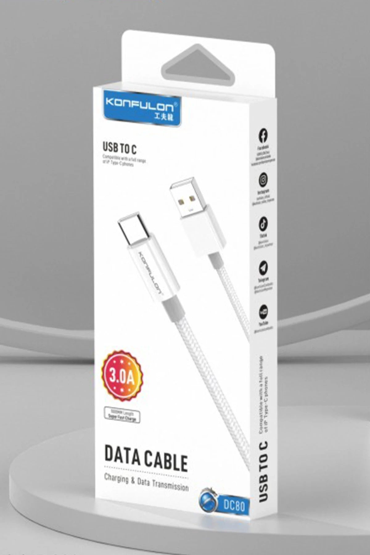 Konfulon DC80 1M 3A USB to Type-C Hızlı Şarj Kablo