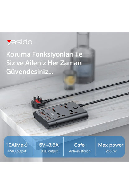 Yesido MC08 10in1 6 Adet Usb ve 4 Adet Priz Dönüştürücü 1.8M