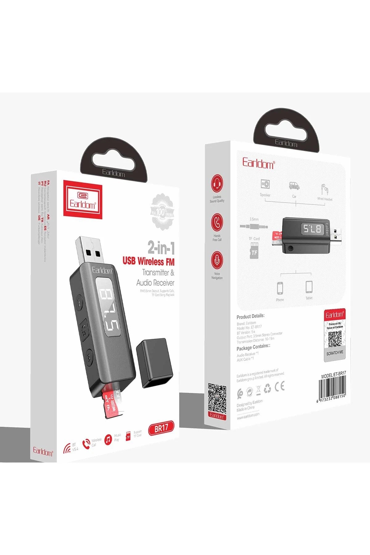 Earldom BR17 BT 5.3 SD Kart ve Aux Çıkışlı Arama Destekli Dijital Ekranlı 2in1 USB FM Transmitter