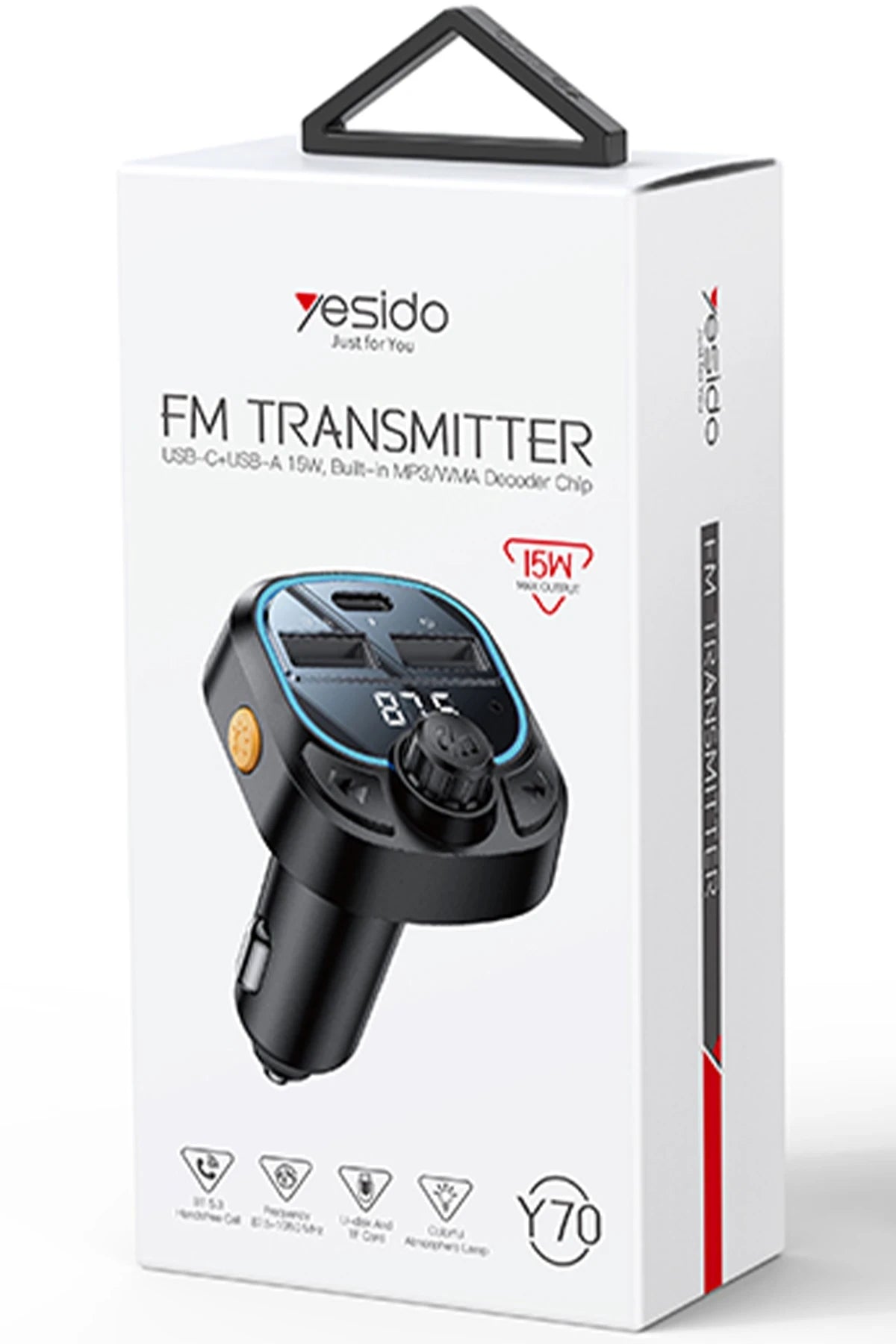 Yesido Y70 RGB 1 Adet 15W Type-C ve 1 Adet 15W USB Çıkışlı BT 5.3 FM Transmitter