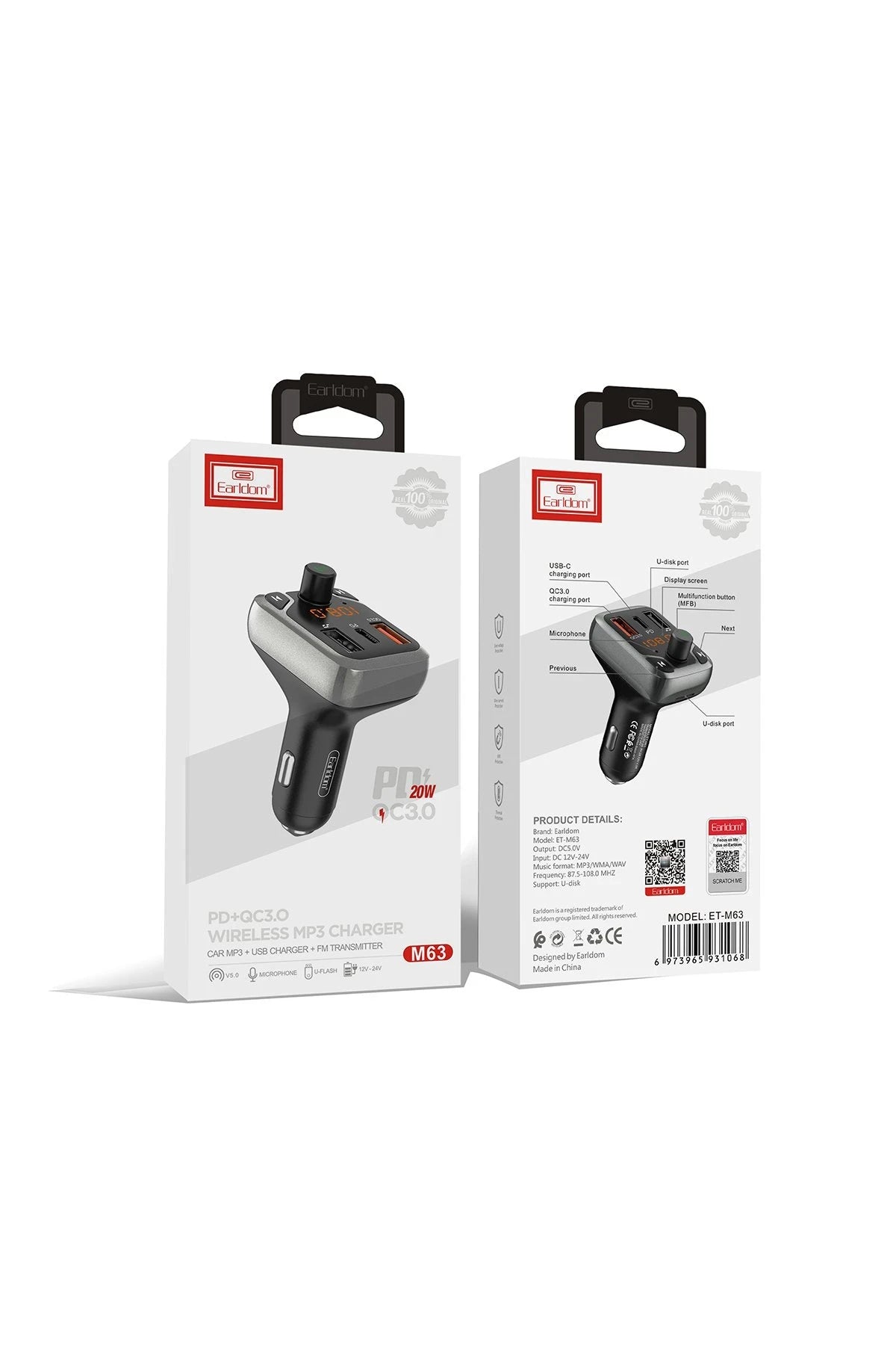 Earldom M63 Bluetooth USB3.0 ve Type C PD Hızlı Şarj FM Transmitter