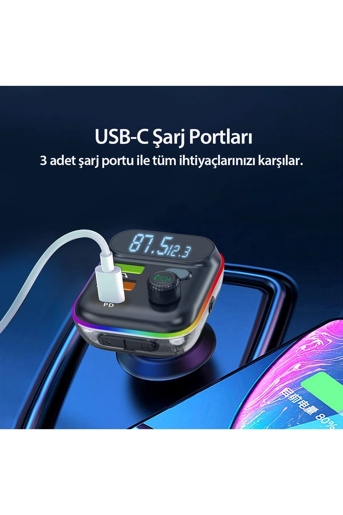 Earldom M80 Bluetooth USB3.0 ve Type C PD Hızlı Şarj FM Transmitter