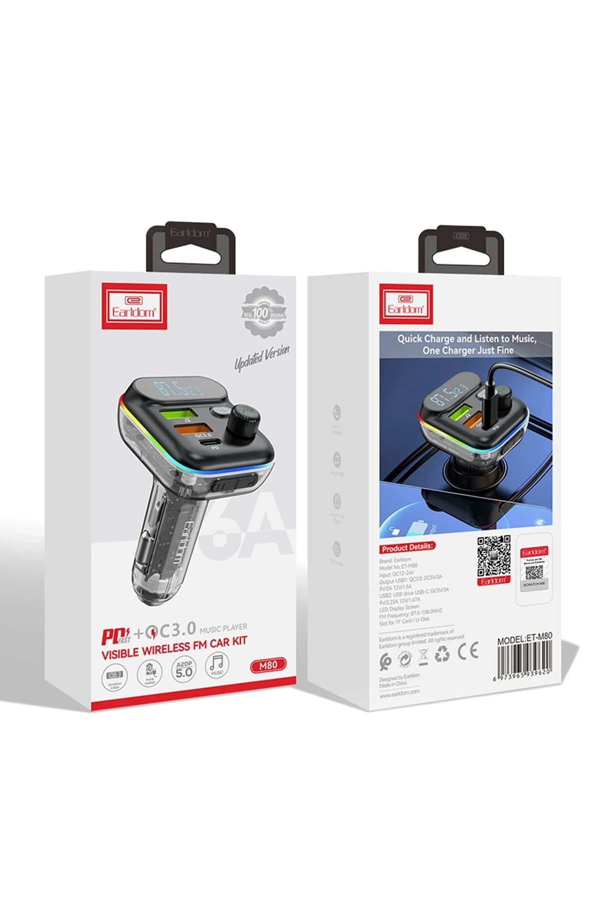 Earldom M80 Bluetooth USB3.0 ve Type C PD Hızlı Şarj FM Transmitter